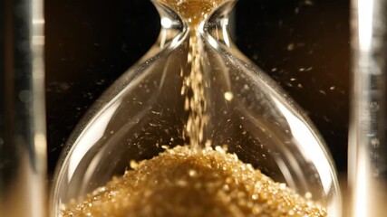 A detailed video capturing the mesmerizing flow of golden sand through a glass hourglass against a dark background, emphasizing texture and movement. - Powered by Adobe