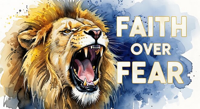 Powerful watercolor lion roars with 'faith over fear' typography art