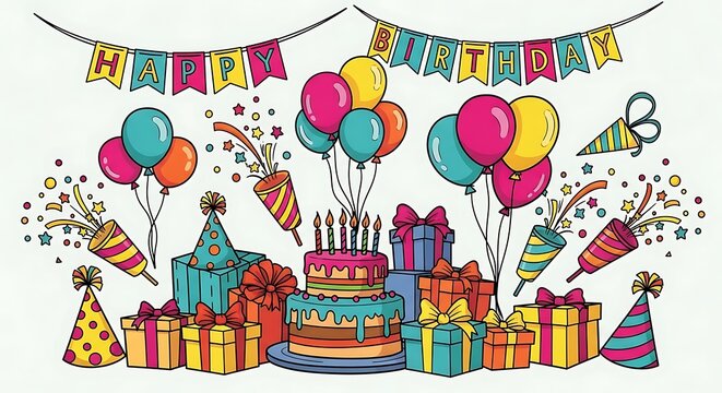 Vibrant happy birthday party celebration illustration featuring a tiered cake with candles, colorful balloons, wrapped gift boxes, and festive party accessories.