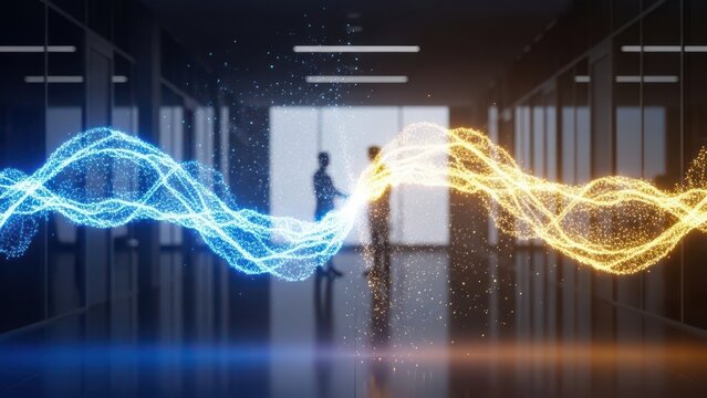 Digital Data Streams Converging in Modern Office Space