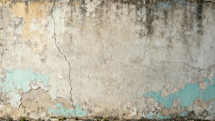 Obraz premium Weathered concrete surface displays extensive cracks and peeling paint revealing underlying layers
