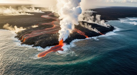 Spectacular lava flow meets ocean with steam