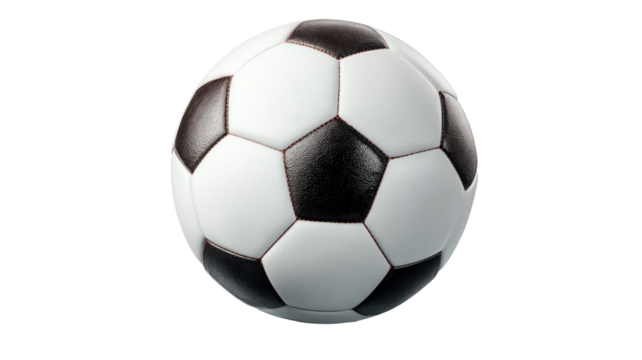 Classic black and white leather soccer ball isolated on a white background, ready for game play and competition