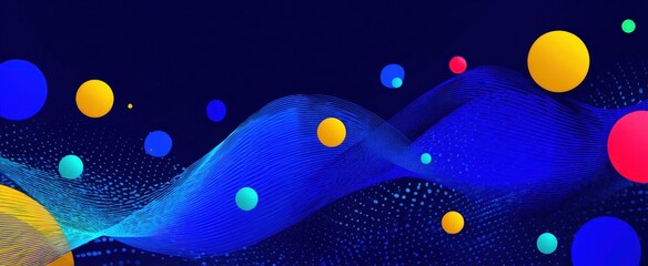 Abstract blue wave with colorful spheres and dots against dark blue background