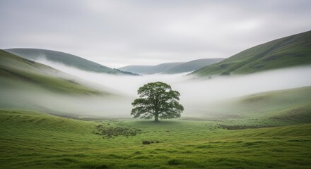 Solitary Tree in a Misty Green Valley Landscape