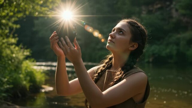 A young woman stands by the river, amazed as she holds a glowing stone under the sunlight