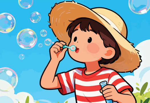 An illustrated child with a straw hat and striped shirt blowing bubbles against a blue sky background