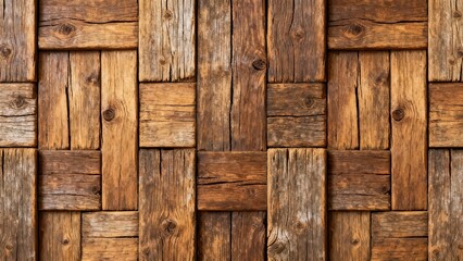 Rustic reclaimed wooden planks form a textured interlocking surface pattern