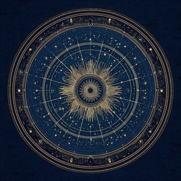 Intricate celestial clockwork chart with radiant sun and starry constellations on deep blue
