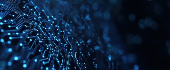 Close-up of illuminated blue circuitry paths on a dark background