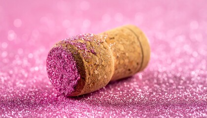 Champagne cork close-up on pink glitter, macro shot highlighting texture and color on sparkly pink background