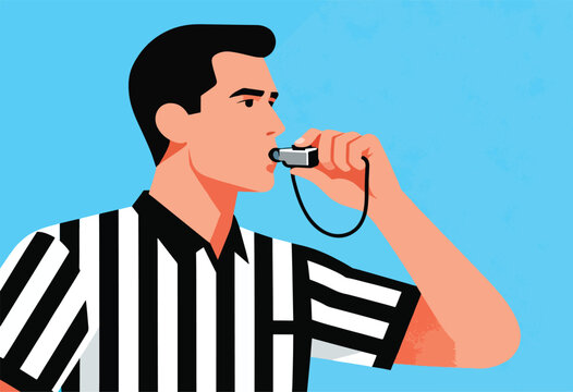 A person in referee attire, blowing a whistle. Blue background. Vector illustration