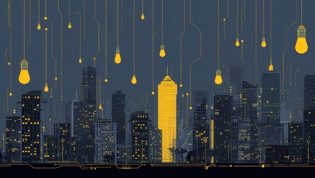 Illuminated urban skyline with glowing lightbulbs and city lights