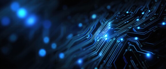 Abstract blue glowing circuits on a dark background, digital technology theme