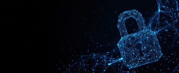 Digital padlock icon formed by blue lines and dots on black background