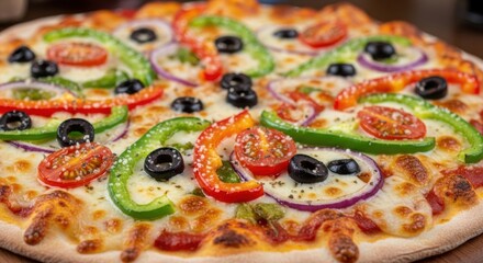 Delicious homemade veggie pizza with fresh colorful toppings