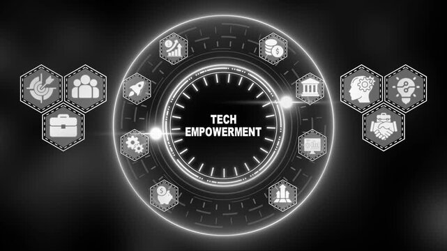 Monochrome digital concept of tech empowerment with glowing white circular interface and icons technology - Powered by Adobe