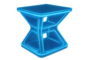 Futuristic hourglass inspired blue glowing neon stool, modern design furniture for tech, virtual and gaming concepts, transparent background
