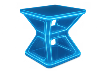 Futuristic hourglass inspired blue glowing neon stool, modern design furniture for tech, virtual and gaming concepts, transparent background