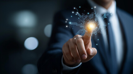 Workflow automation concept with artificial intelligence software faceless businessman uses defocused coding interface background flow process technology nodes triggers data too