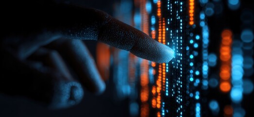 Finger touching a digital stream of blue and orange glowing data points