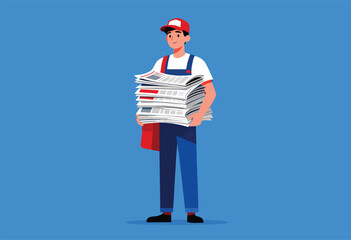 A smiling newspaper delivery person in a red cap and bib overalls, carrying a stack of newspapers, on blue background