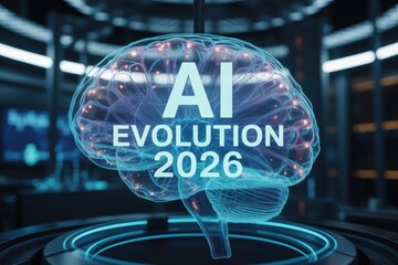 AI evolution 2026 neural interface glowing brain in advanced lab setting