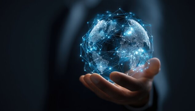 Hand holding glowing digital earth with network connections, representing global connectivity