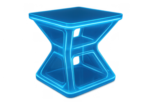 Futuristic hourglass inspired blue glowing neon stool, modern design furniture for tech, virtual and gaming concepts, transparent background