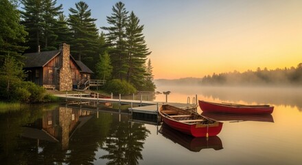 Peaceful Cabin and Red Boats on Misty Lake at Sunrise