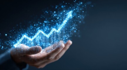 Hand holding glowing blue digital arrow rising upwards with sparkling particles