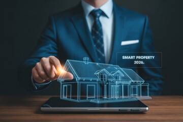 Smart Property 2026 digital house model controlled by businessman using tablet
