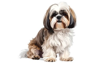 Small fluffy dog with white and brown fur sits attentively on a white background.