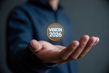 Vision 2026 futuristic digital coin hovering over hand in blue ambient light