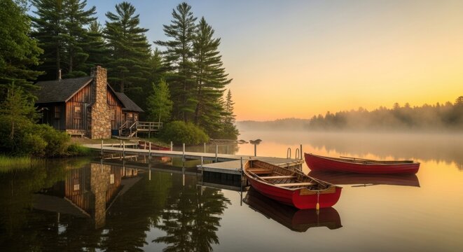 Peaceful Cabin and Red Boats on Misty Lake at Sunrise - Powered by Adobe