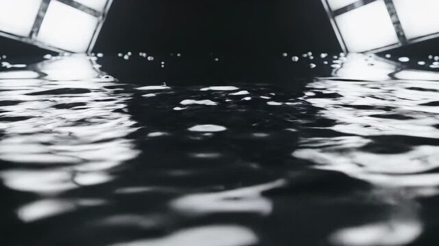 Abstract video of illuminated geometric shapes reflecting on water, creating a mesmerizing and modern visual effect with strong contrast and fluid movement.
