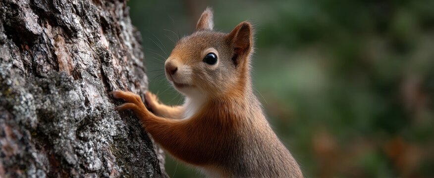 Squirrel scurries up coarse tree bark in a leafy woodland setting