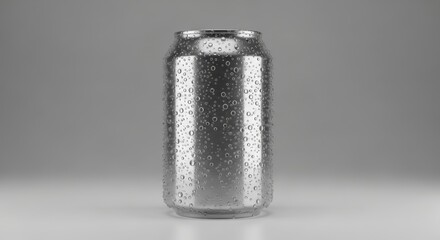 Silver beverage can with realistic water droplets
