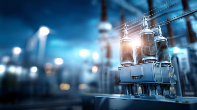 Modern electrical substation with transformer unit equipment defocused power facility background energy infrastructure scene utility system display electrical distribution