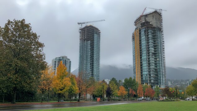 Tall buildings under construction rise above a park with colorful autumn trees