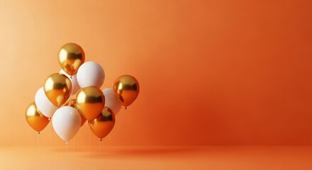 Golden and white balloons on a vibrant orange background