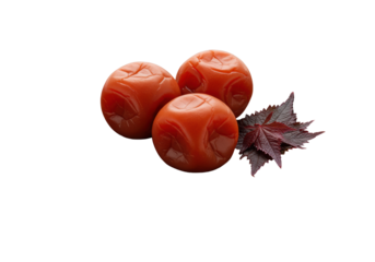 Vibrant red Japanese umeboshi, deep wrinkled texture, dark red shiso leaves on a dark hexagonal plate, isolated on transparent background, studio shot with copy space, concept of traditional Japanese