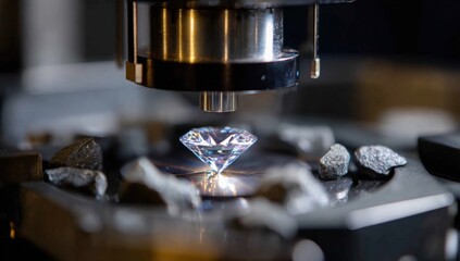 Precision instrument examines sparkling faceted gemstone under bright light