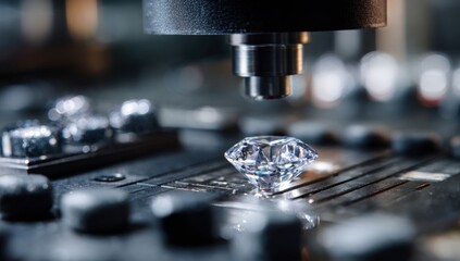 A single, brilliant-cut gemstone sits on a surface, examined by a precision instrument
