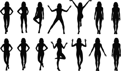 Set of Dynamic Female Silhouettes Vector Collection, Woman Posing, Dancing, Fitness, Celebrating, Energetic Movement, Active Lifestyle, and Full Body Poses Isolated on White.