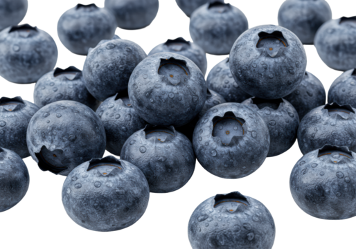 Fresh, deep blue blueberries with waxy bloom and sparkling dew drops, scattered on a transparent background with copy space, sharp focus and bokeh. Concept of healthy eating and natural freshness