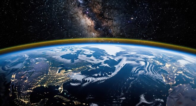 Planet Earth from space at night with city lights and Milky Way