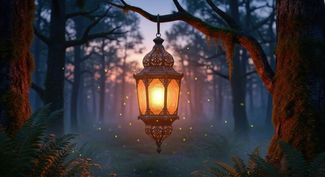 Enchanted forest lantern with fireflies at twilight