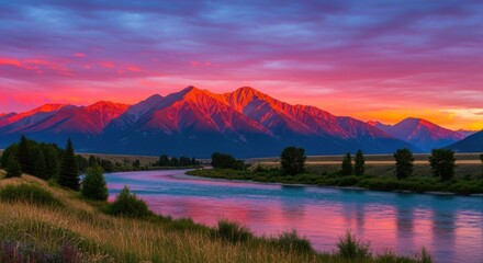 Vibrant Sunset Over Mountain River Landscape