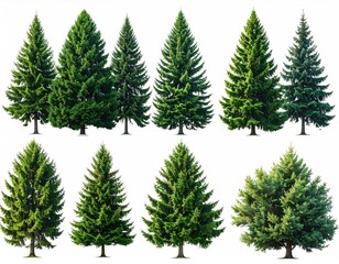 Evergreen trees row; varied shapes, lush greenery, isolated